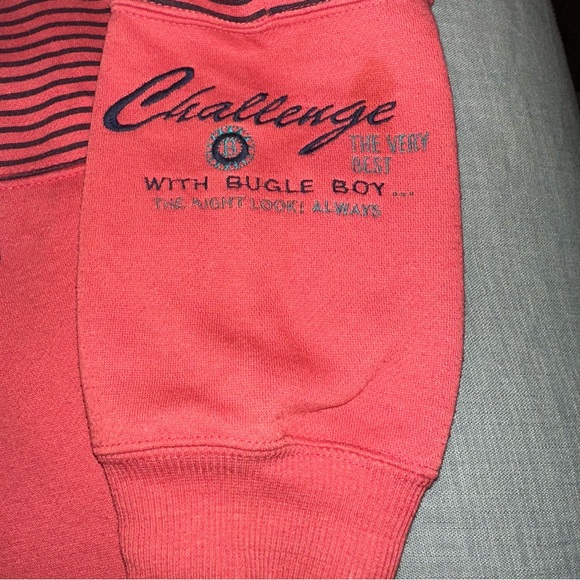 Vintage 80s 90s BUGLE BOY Red Sweater Sweatshirt L Striped Mock Neck *FLAWS - Picture 6 of 11